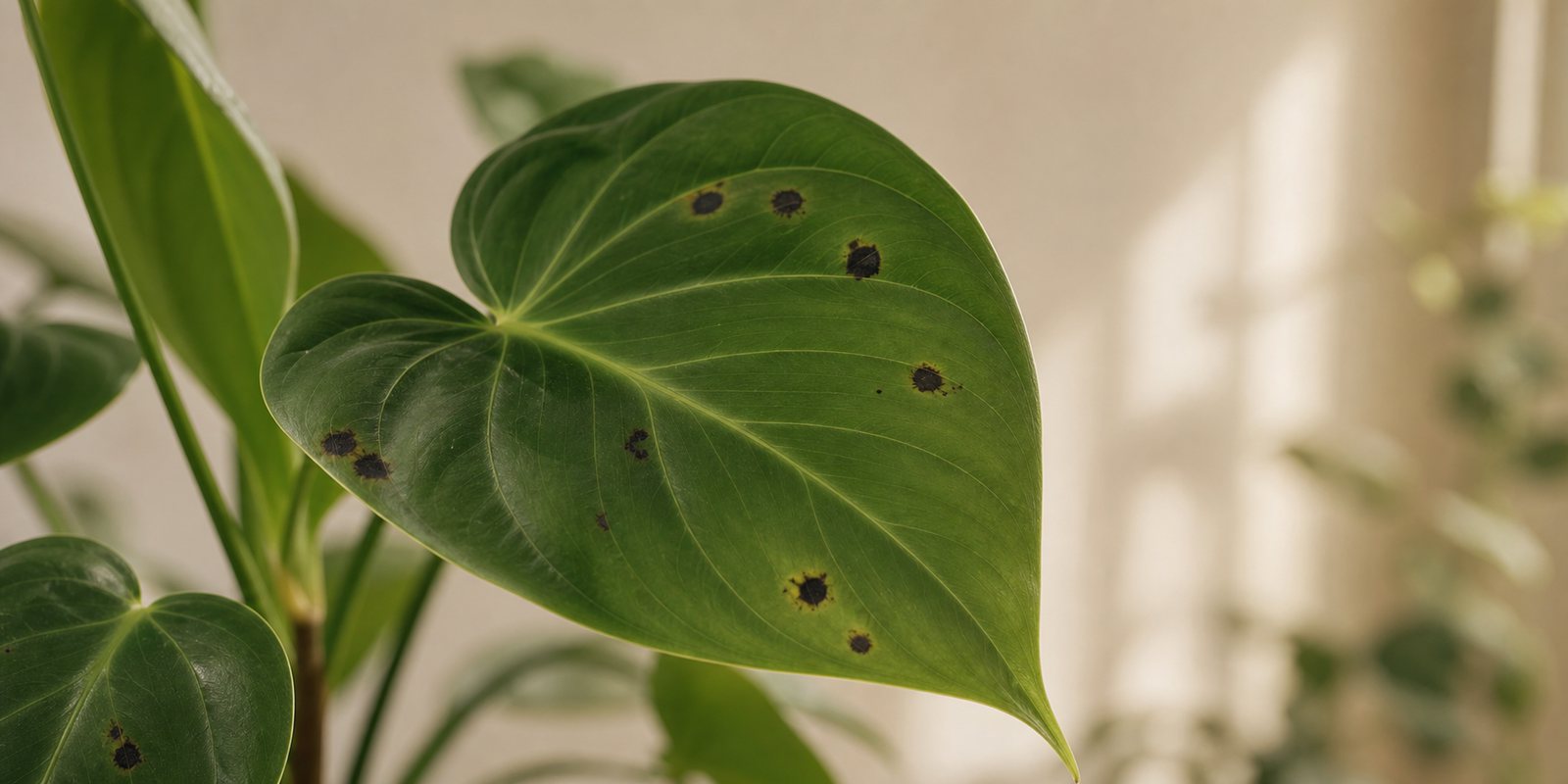 Photorealistic plant care cover image for Black Spots on Plant Leaves: Disease, Overwatering, or Sunburn?