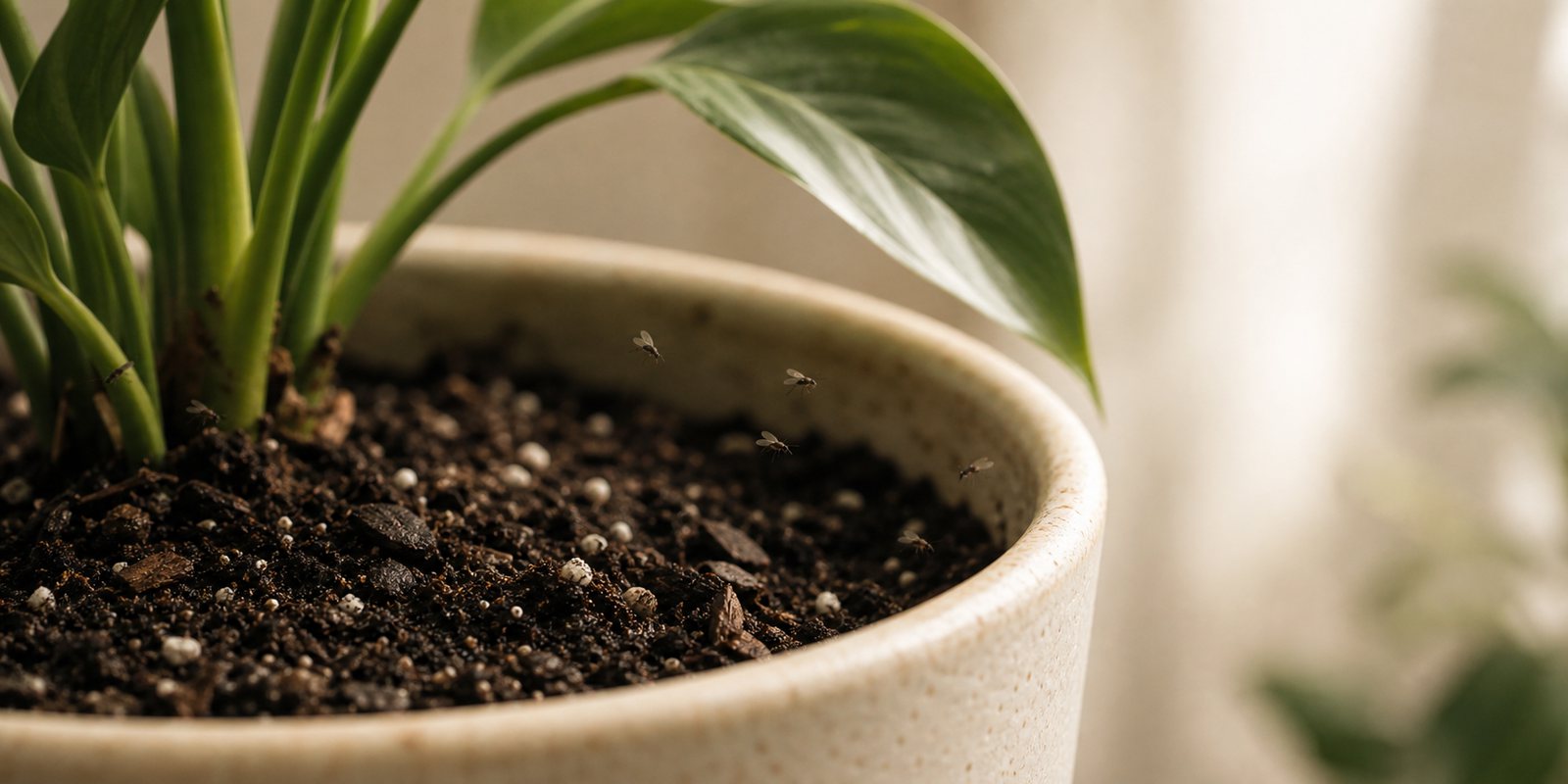 Photorealistic plant care cover image for How to Get Rid of Fungus Gnats in Houseplants: A Complete Care Guide