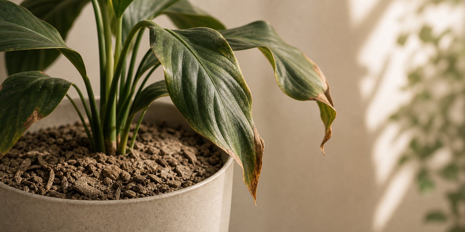 Photorealistic plant care cover image for Underwatered Plant: Signs, Recovery, and How to Rehydrate Soil