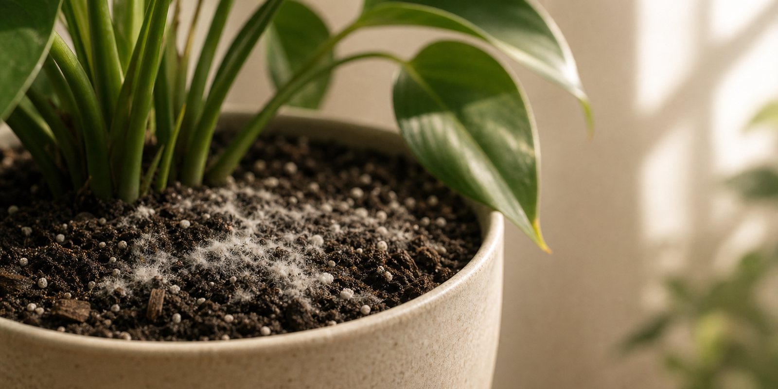 Photorealistic plant care cover image for White Mold on Houseplant Soil: Is It Dangerous and How Do You Fix It?