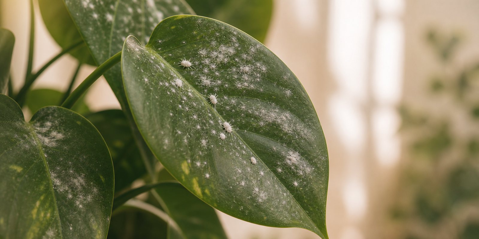 Close-up of a white mealybug pest on a green plant leaf