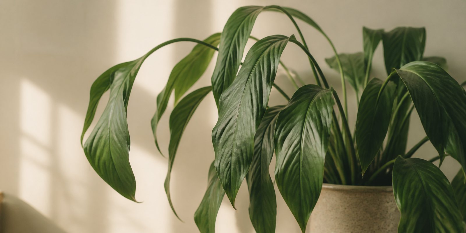 A wilting houseplant with drooping leaves on a windowsill
