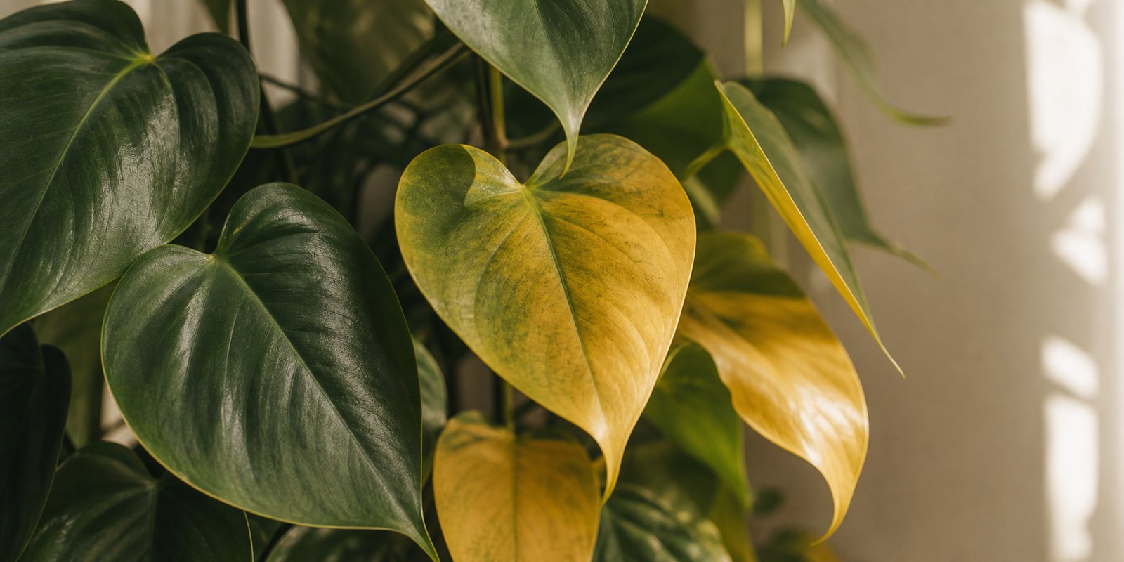 Close-up of a yellowing leaf on a green houseplant