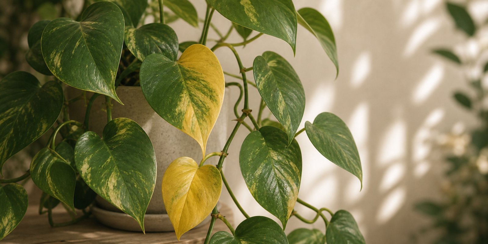 Photorealistic plant care cover image for Why Are My Pothos Leaves Turning Yellow? Causes and Fixes
