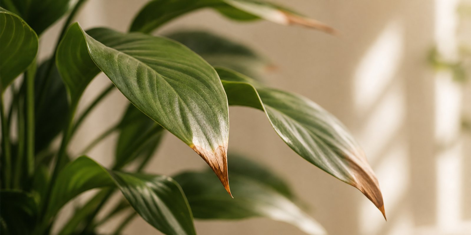 A houseplant leaf with dry brown edges and crispy tips
