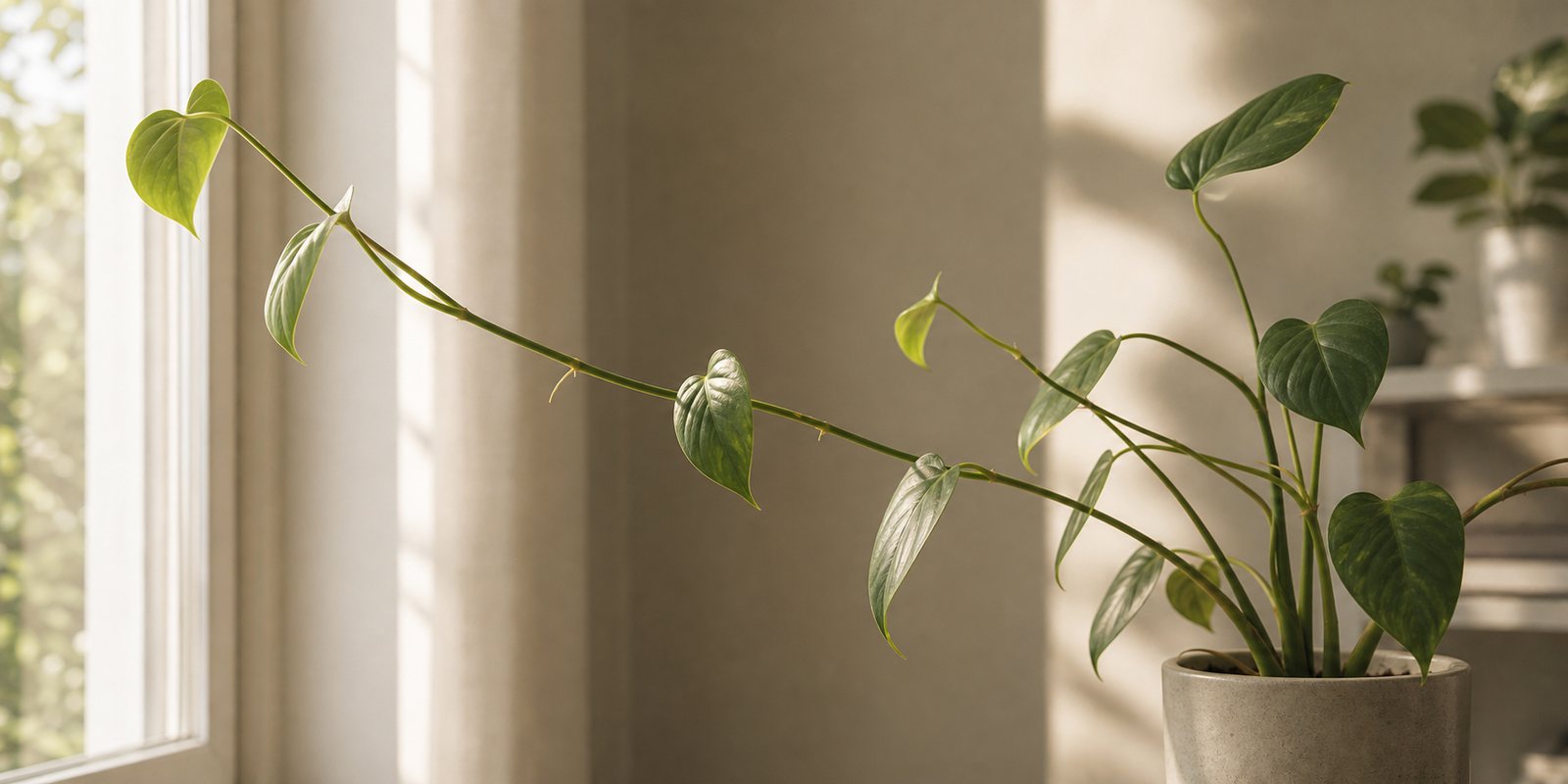 Photorealistic plant care cover image for Why Is My Plant Leggy? Low Light, Pruning, and How to Fix It