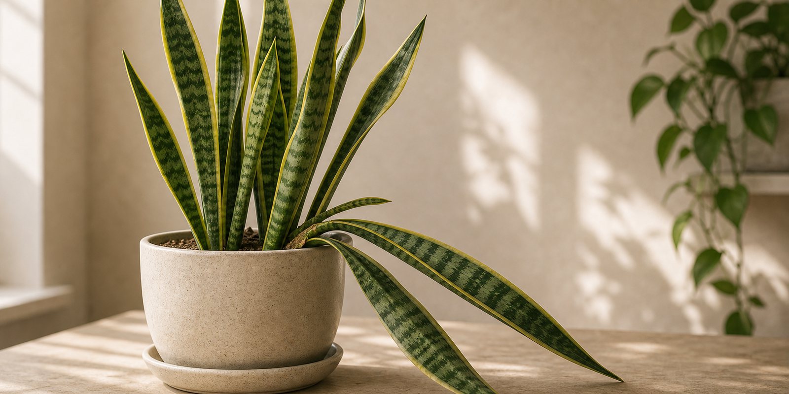 Photorealistic plant care cover image for Why Is My Snake Plant Falling Over? Causes and Fixes